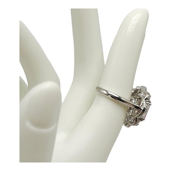 Pink Crystal Cushion Cut Pave Rhinestone Flower Cocktail Ring Silver Tone VTG 5 - Picture 4 of 6